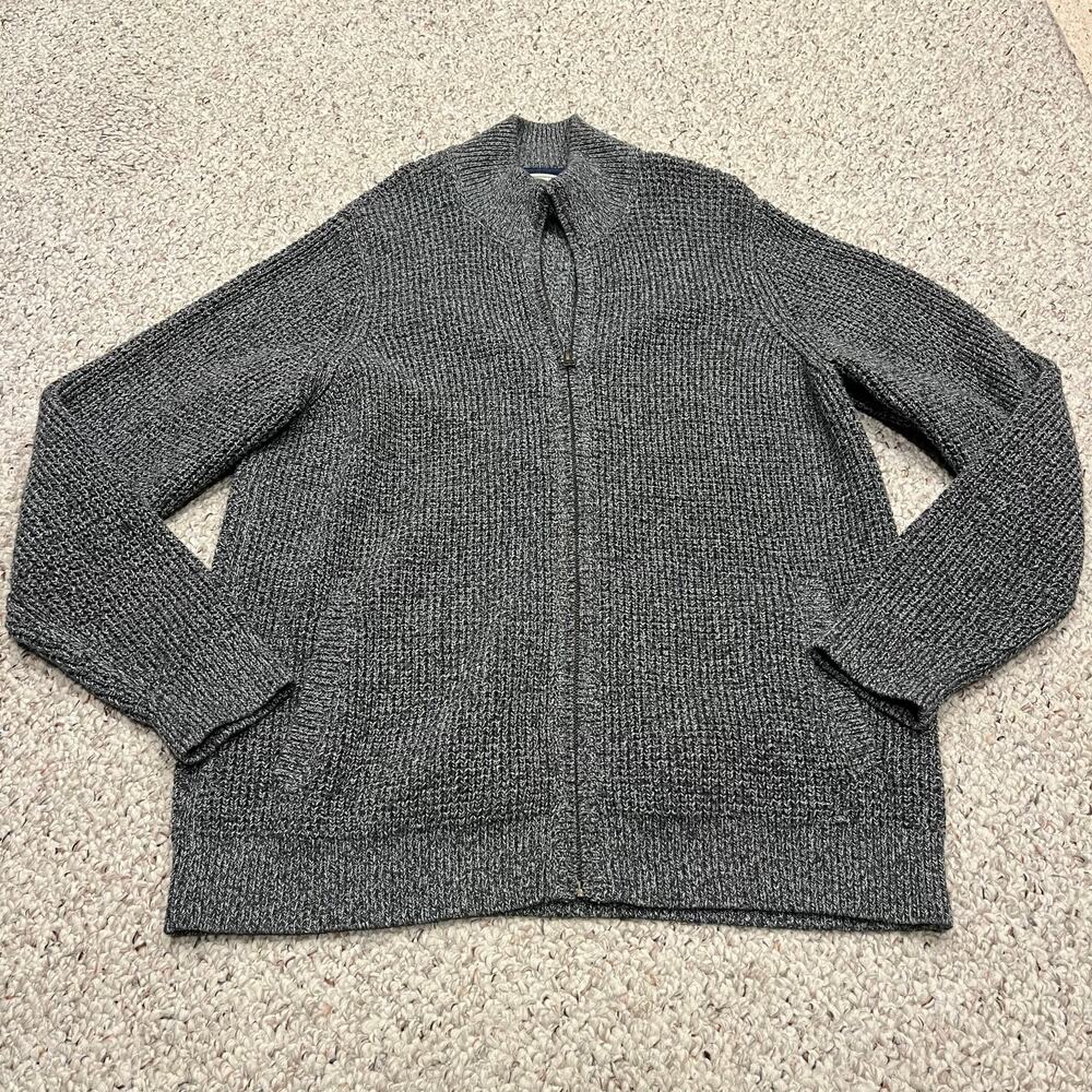 LL Bean Organic Cotton Waffle Sweater Full Zip Cardigan Sz L Gray Preppy Cozy